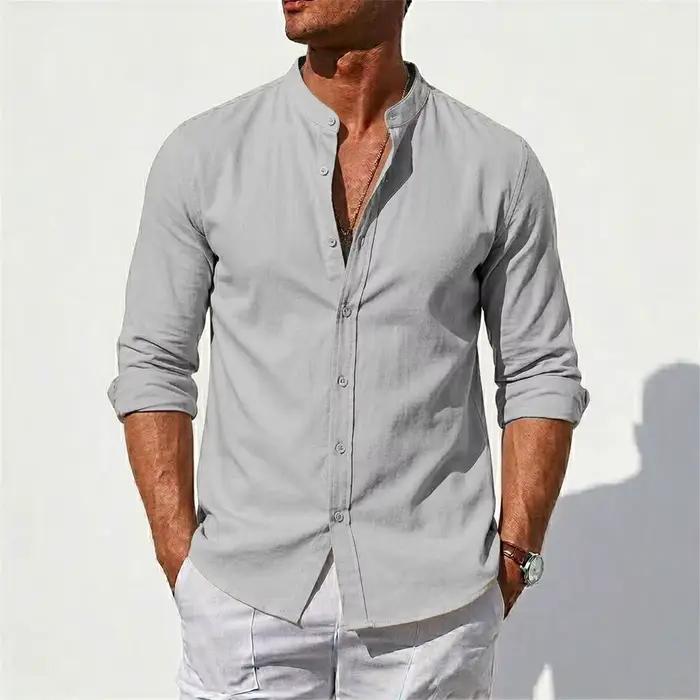Chemise à manches longues pour homme en lin et coton
