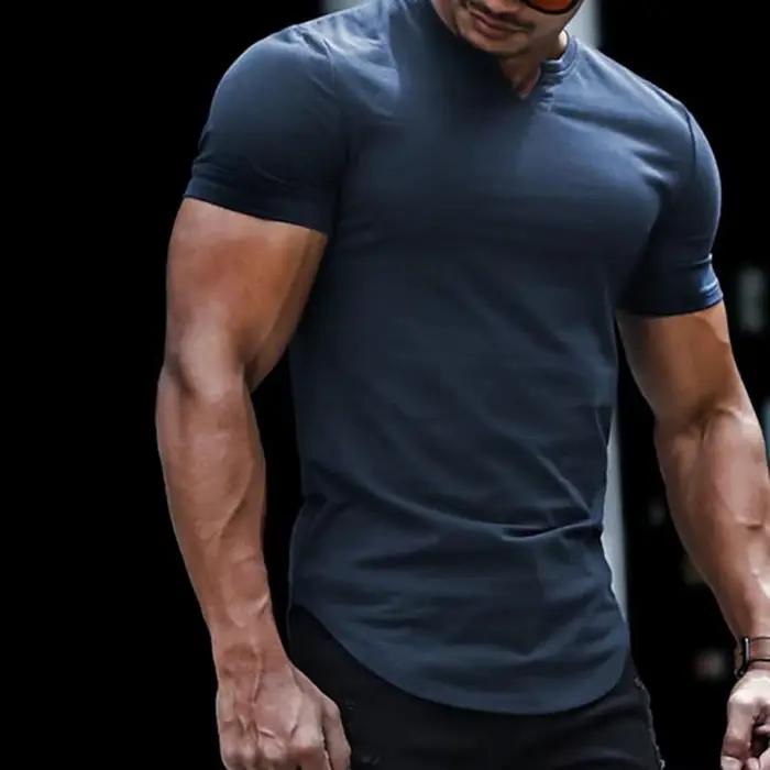 T-shirt à manches courtes et col en V pour hommes, T-shirt à ourlet périphérique, Économie décontractés, Économie de sport, Type long, Coupe couvertes, Solide, Été