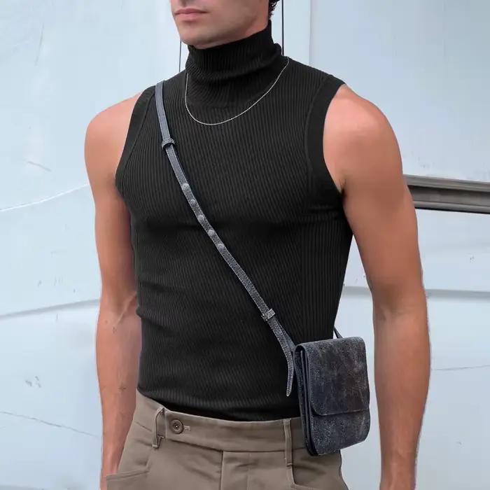 Vêtements pour hommes Sexy maigre couleur unie débardeurs haute Colalr sans manches salle de sport Streetwear loisirs gilets fête chemise de base S-3XL