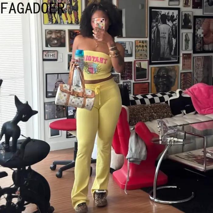 FAGADOER mode lettre impression 2 pièces ensembles femme tenue Zip culture haut à capuche + tube + pantalon costumes