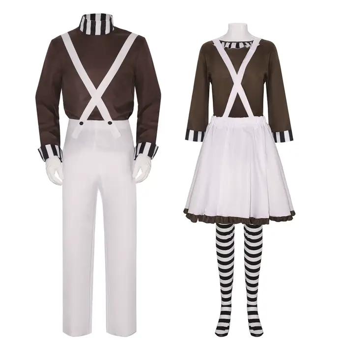 Charlie chocolat usine Oompa Loompa Cosplay Costume haut salopette ensemble robe pour femmes hommes enfants filles garçons Halloween Costumes