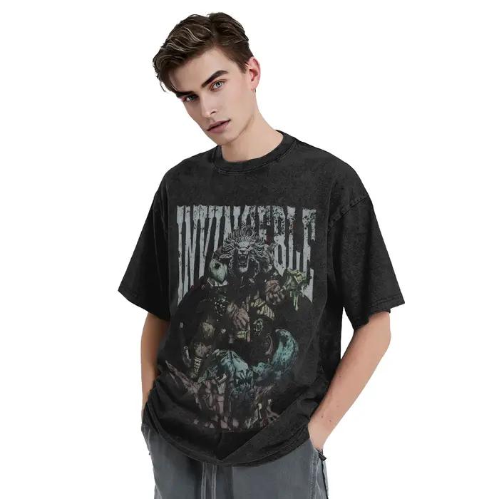 T-shirt imprimé Battle Beast Invincible Comic Hip Hop en coton délavé