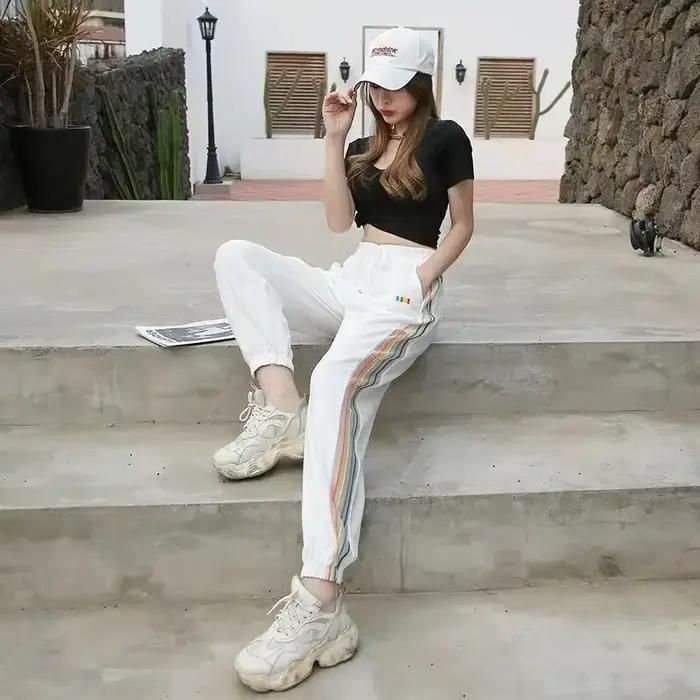Pantalons de jogging femme, coton polyester élasthanne, taille élastique, poches pratiques, motif rayé, sport fitness, décontracté été