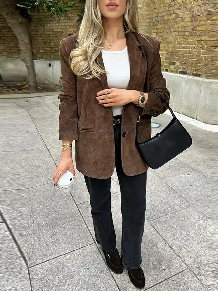 Veste Blazer en daim marron pour femme, col en v, manches longues, simple boutonnage, manteau ample, vêtements d'extérieur pour les déplacements quotidiens, automne 2025