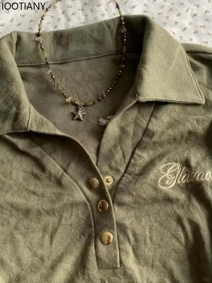 Polo Vintage Y2K Style Gothique Femmes Vert Armée Col Rabattu Occasions Spéciales Sport Carnaval