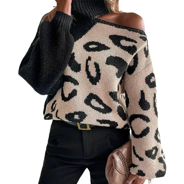 Pull Sexy à épaules dénudées et coutures léopard pour femme, col haut, automne et hiver