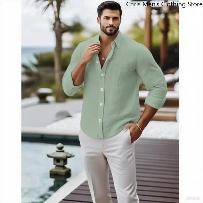 Chemises grande taille S-5XL pour hommes en plusieurs couleurs chemises amples et respirantes à manches longues en lin et coton de couleur unie, vêtements de bureau pour hommes