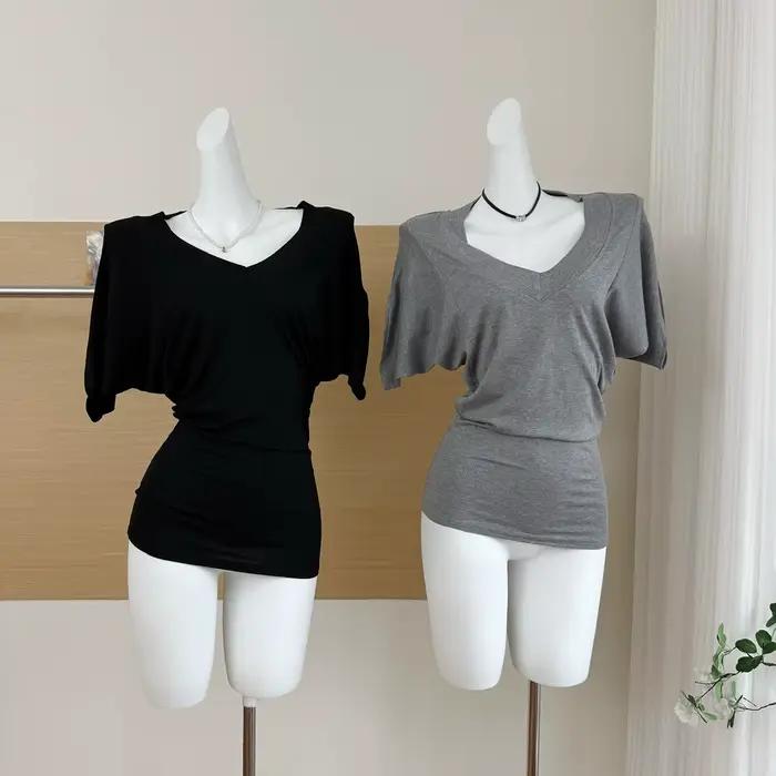 Femmes été manches chauve-souris col en V élastique couleur unie t-shirt dame décontracté Streetwear pull