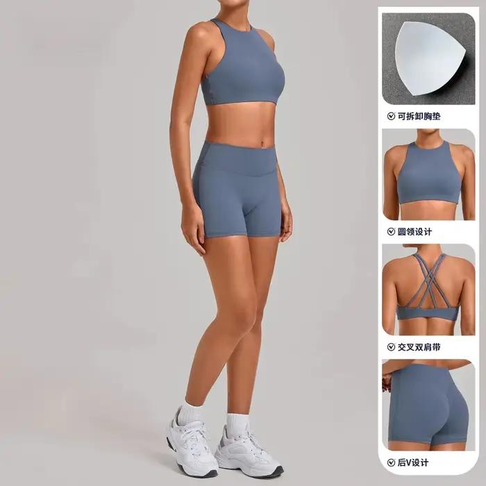 Ensemble de vêtements de sport pour femme : débardeur à dos croisé avec coussinets de poitrine amovibles et shorts de yoga moulants à séchage rapide pour le fitness