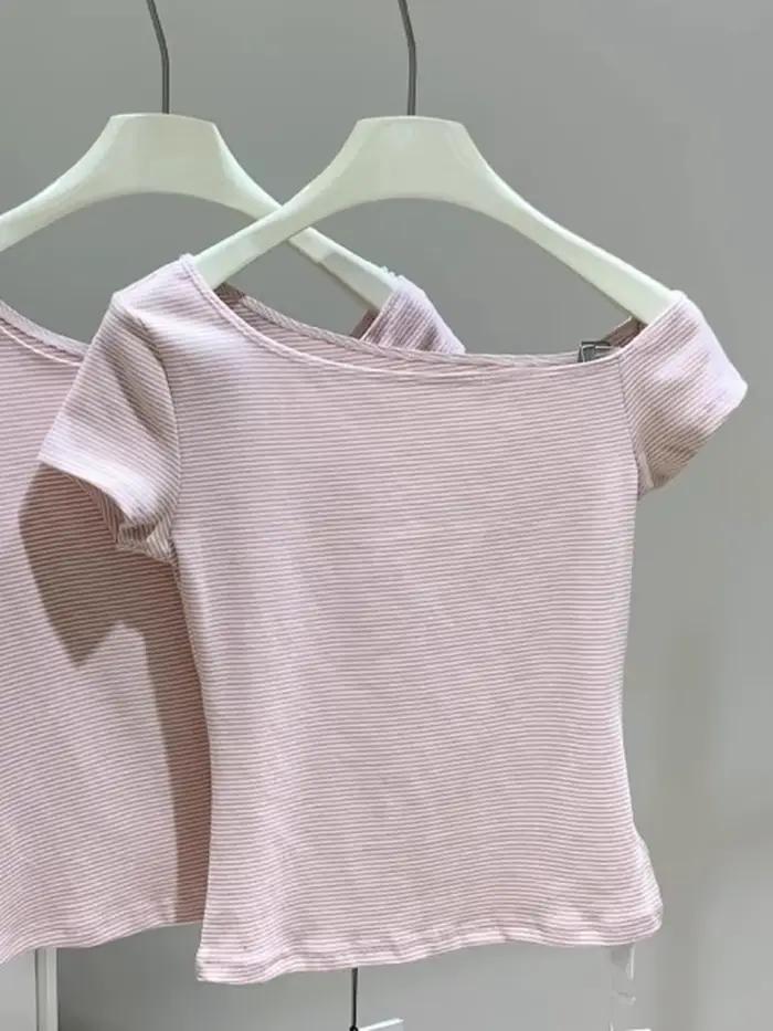 Ensemble Tshirt et short rayé rose doux pour femme haut court Slim à col Slash et short de survêtement droit à taille élastique coton ensemble deux pièces nouveau
