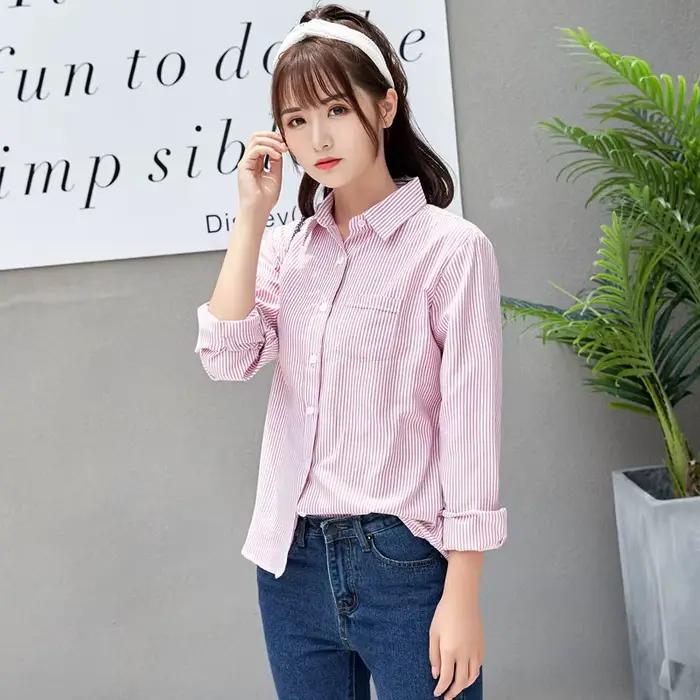 Chemise rayée en coton à manches longues pour femmes