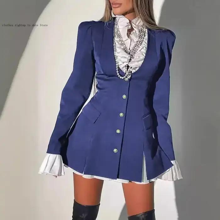 La taille est petite robe chemise deux pièces Vintage à manches longues pour femmes, faux bouton cousu en forme de A, printemps et automne