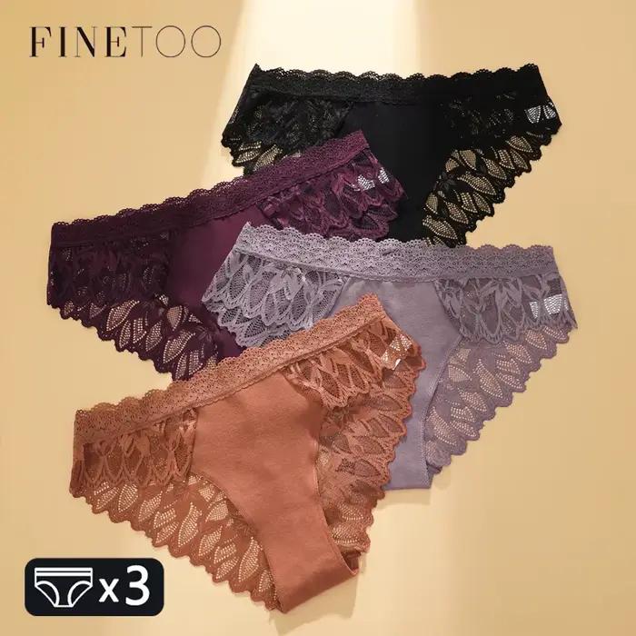 FINETOO 3 pièces dentelle évider sous-vêtements pour femmes Sexy taille basse slips floraux femme Invisible respirant Lingerie doux intime