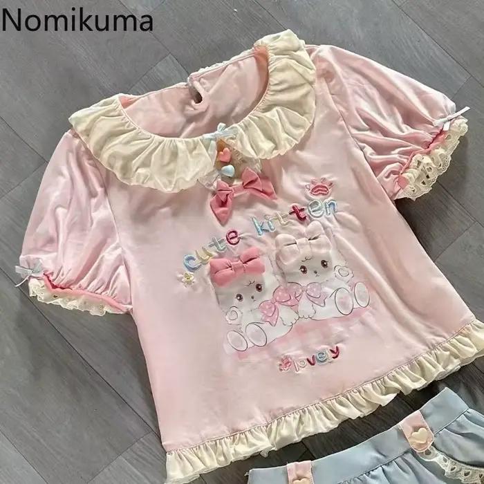 T-shirts japonais hauts courts vêtements pour femmes col claudine dessin animé doux Camisetas Y2k