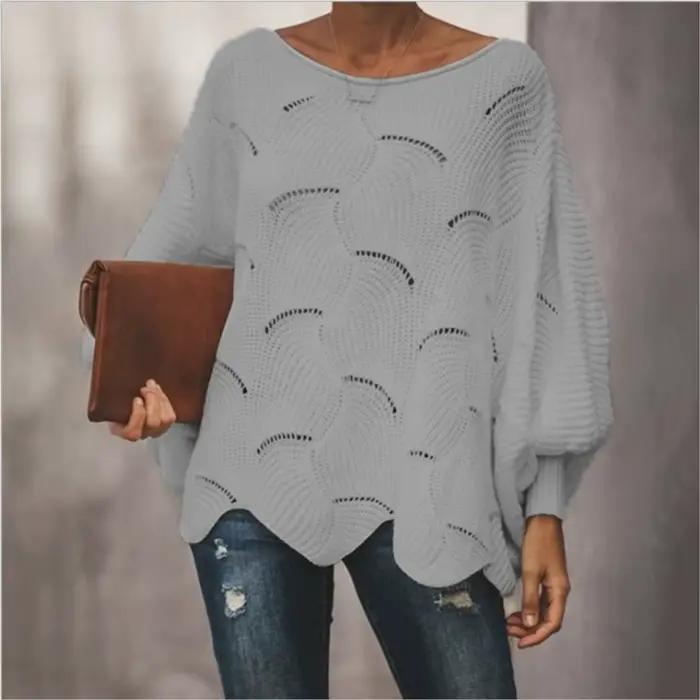Pull irrégulier à col rond avec manches chauve-souris printemps automne couleur unie