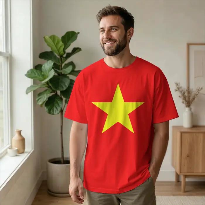 T-shirt en coton pur homme col rond drapeau vietnam étoile jaune impression numérique fantaisie souvenir manches courtes asie sport casual nouveau modèle