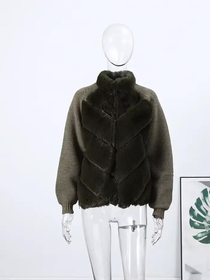 Fausse fourrure Patchwork tricot veste femmes décontracté manches longues fermetures éclair épaissir chaud manteaux femme 2025 hiver mode Streetwear dame