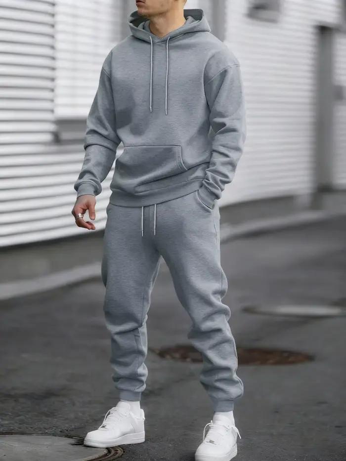 Jogging solide nouveau dans les hommes ensemble Streetwear tout-Match sweat à capuche décontracté pantalon de survêtement polaire vêtements amples automne Sport pantalons longs
