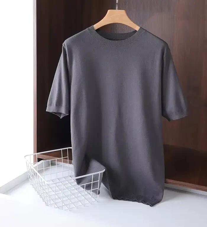 2025 T-shirt en laine mérinos super fine pour hommes tricoté col rond respirant mince cachemire à manches courtes