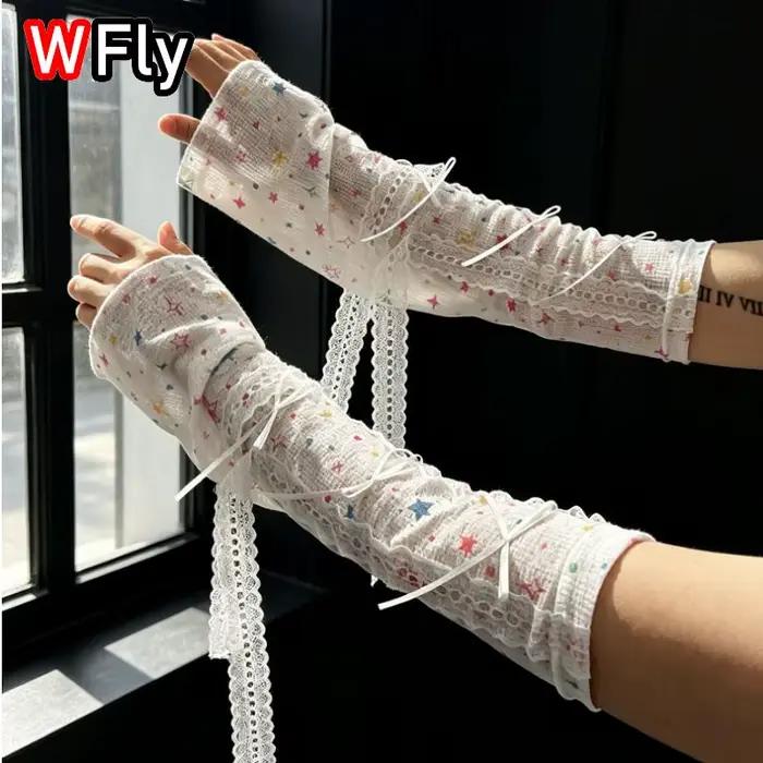 Manchons de bras imprimés étoiles style Lolita Harajuku en dentelle, protection solaire UV d'été, manchons écharpe amples Y2K pour femme
