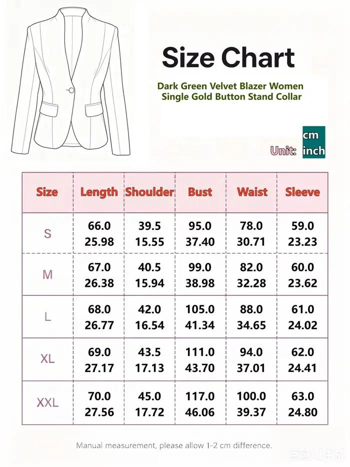 Blazer élégant en velours vert foncé pour femme, col montant, boutons dorés, coupe ajustée, style décontracté, vintage, veste de costume courte pour le bureau