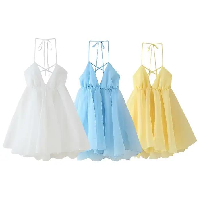 Commerce extérieur vêtements pour femmes 2025 mode sexy dos nu à lacets ample plissé taille haute mini robe