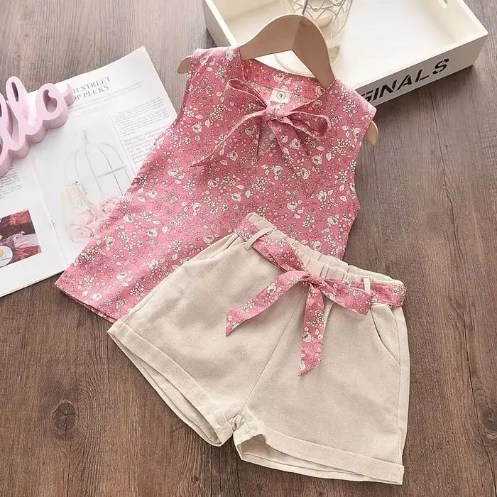 Enfant en bas âge enfants bébé fille Floral rose bleu Blouse T-shirt pantalon été 2 pièces costume infantile