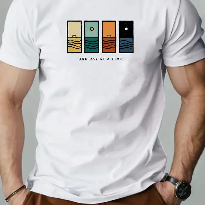 T-shirt homme "Un jour à la fois" style décontracté imprimé rayures colorées respirant durable pour les quatre saisons et les voyages