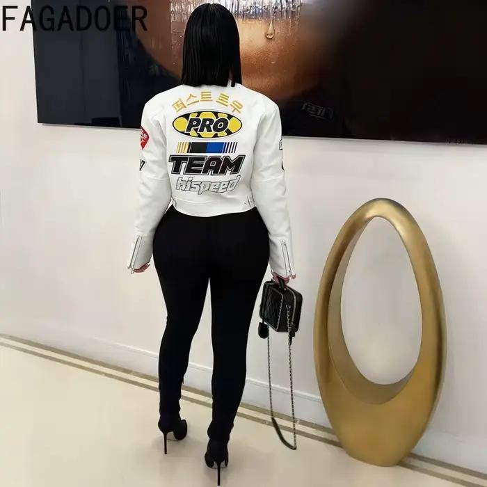FAGADOER Y2k mode lettre impression cuir Patchwork moulante veste femme Moto fermeture éclair manches longues