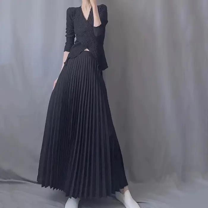 Jupe longue plissée unie taille haute pour femme