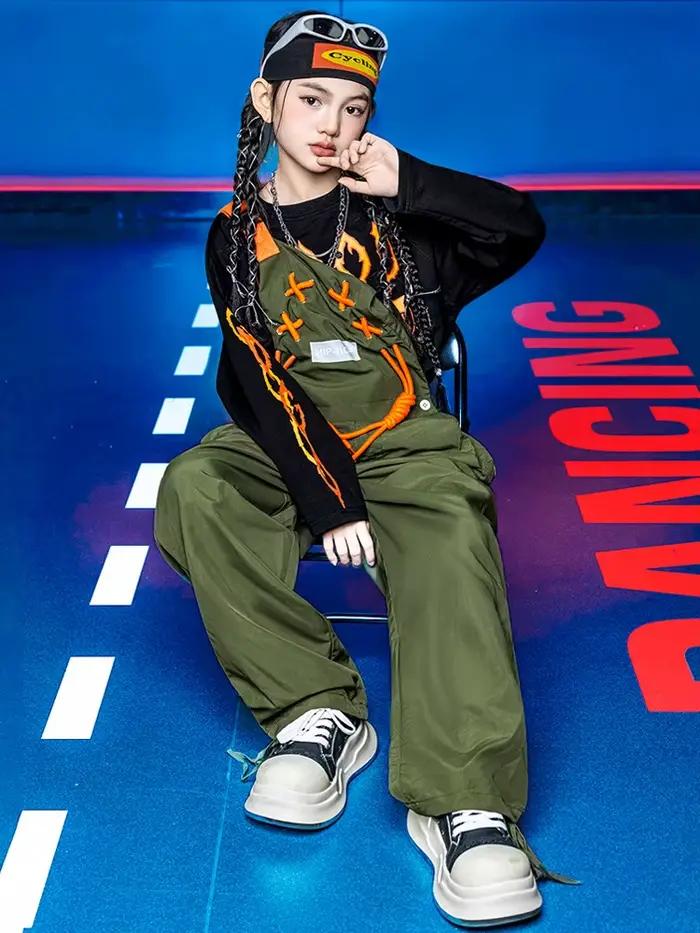 Enfant Kpop Hip Hop vêtements lettres noires sweat armée vert rue cravate bavoirs pantalon combinaison pour fille