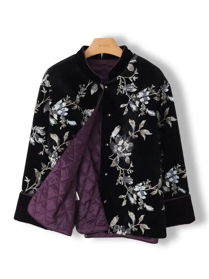 Veste courte matelassée en velours noir brodé pour femme, motif floral et oiseaux, style vintage de luxe, élégante pour l'hiver