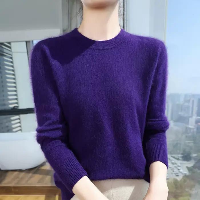 Pull en fourrure de vison monochrome pour femme, pull en cachemire tricoté, pull à col rond, médicaments haut de gamme, automne et hiver, nouveau