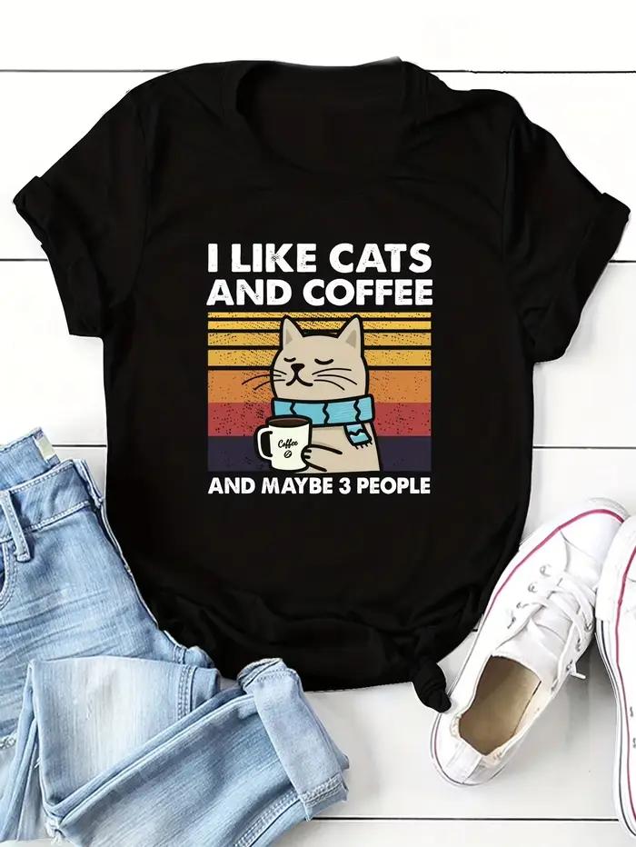 T-shirt imprimé chat et café pour femme