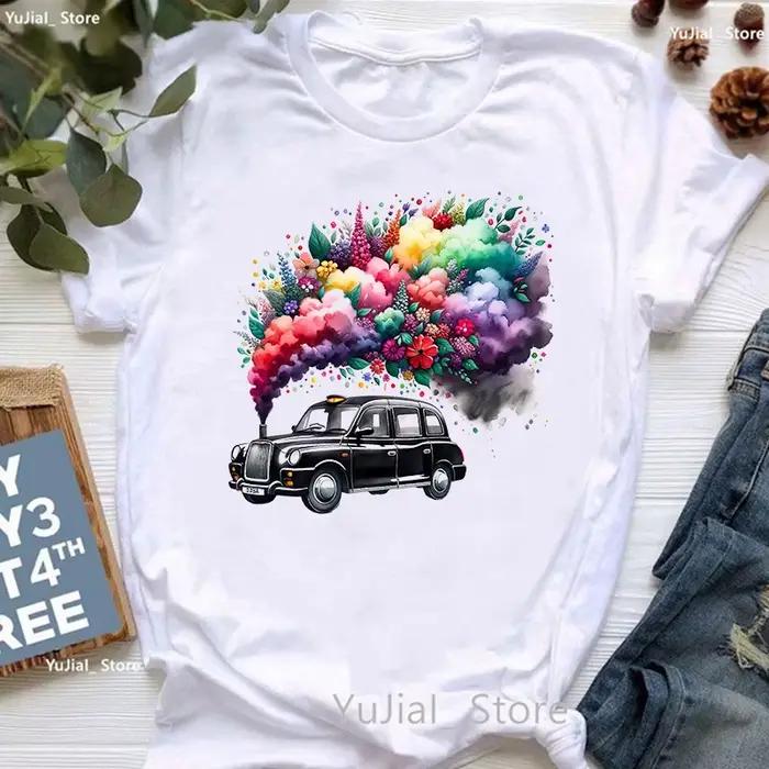Funny London Cab Flowers Printed T Shirt Girls Summer Fashion Tops Tee