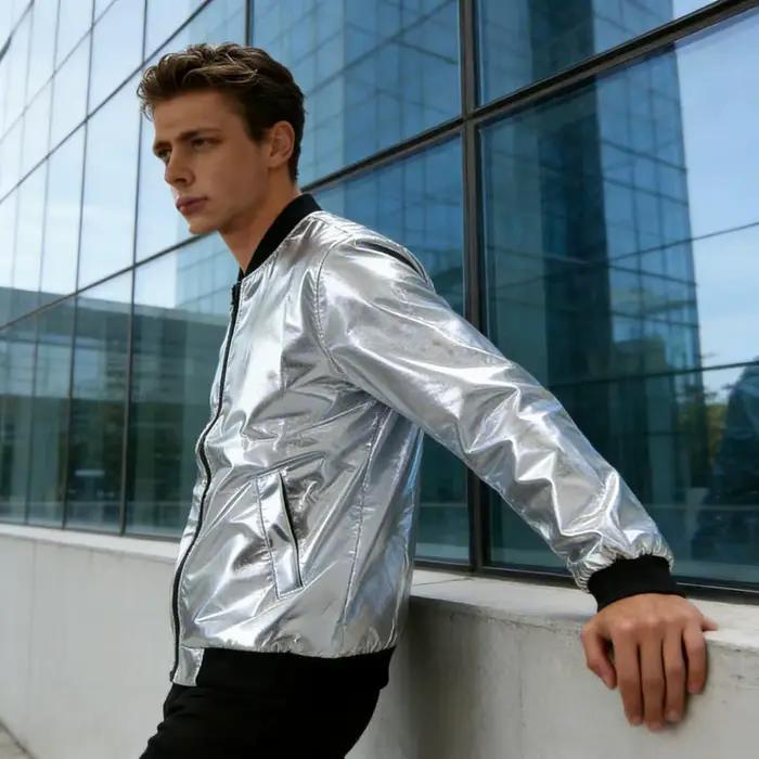 Vestes et manteaux légers pour hommes, manteau coupe-vent à col montant, veste à manches longues, vêtements d'extérieur dorés brillants, printemps automne