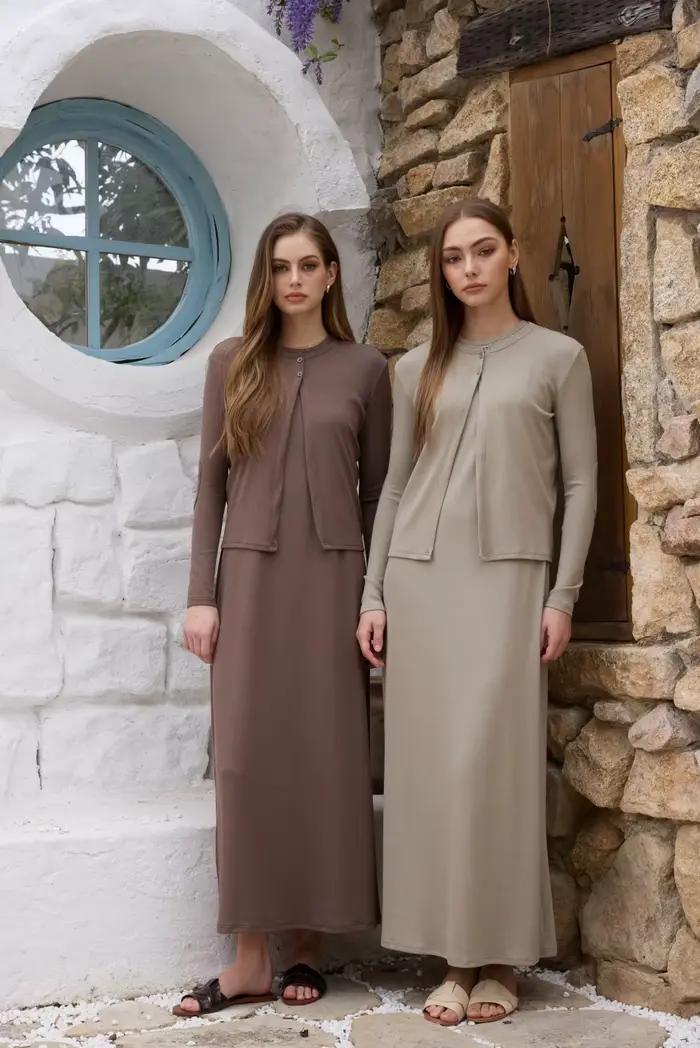 Ensemble vêtements femme été AS SS26 : cardigan + robe longue en tissu côtelé en fibres naturelles