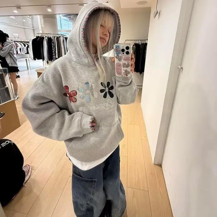 Sweat-shirt à capuche gris Vintage pour femme