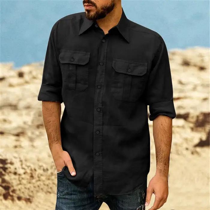 Chemise classique en coton et lin pour hommes décontractée et élégante double poche manches longues revers en Y vêtements tendance printemps automne