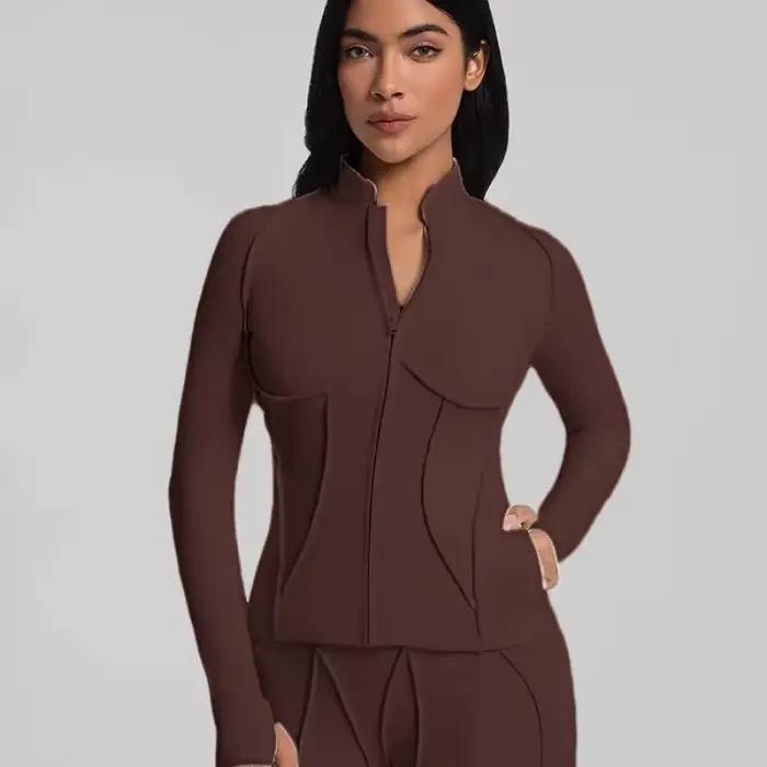Chemise de Compression veste de Yoga pour femmes col montant haut de sport fermeture éclair manches longues