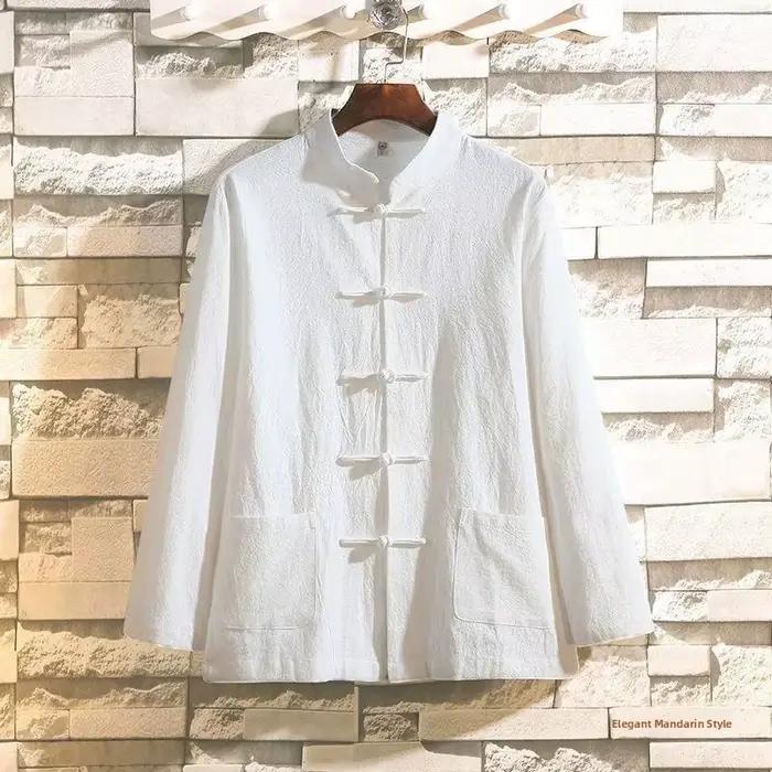 Chemise ample en coton et lin pour homme, manches longues, style chinois rétro, boutonnée, costume Tang, Hanfu, chemise d'automne