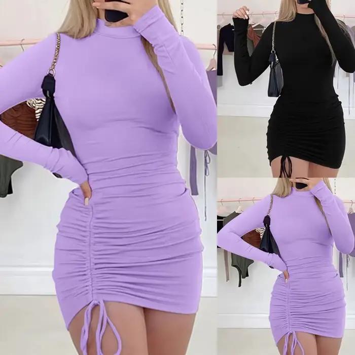Robes féminines tenues robe femme à manches longues couleur unie cordon col rond moulante