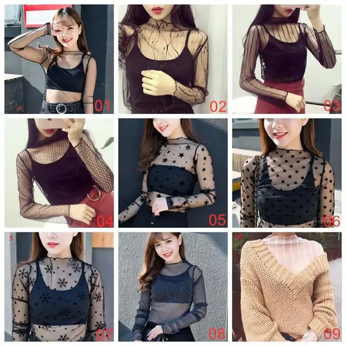 Transparent dentelle T-shirt maille résille à manches longues maille dames hauts Blouses pure noir Transparent T-shirt femmes filles