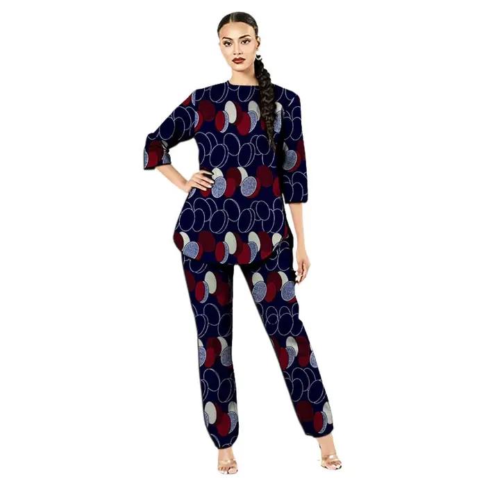 Tenue africaine couture pour femme : chemise sans col et pantalon imprimé Ankara, sur mesure, hauts à manches 3/4 + pantalon pour soirée