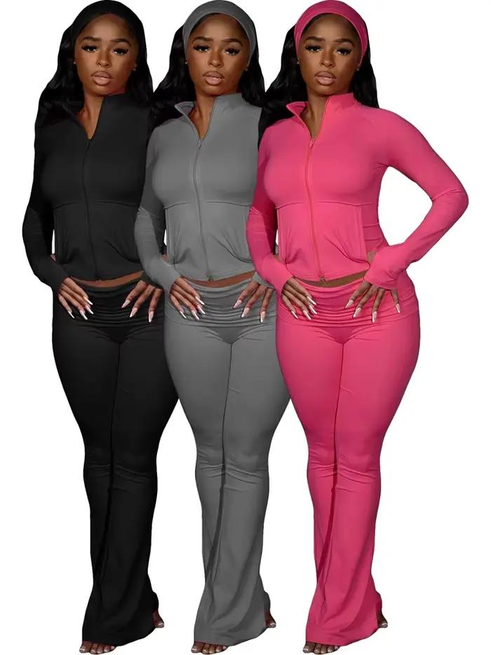 Ensemble de survêtement d'automne pour femme : veste zippée à manches longues avec passe-pouces et pantalon évasé