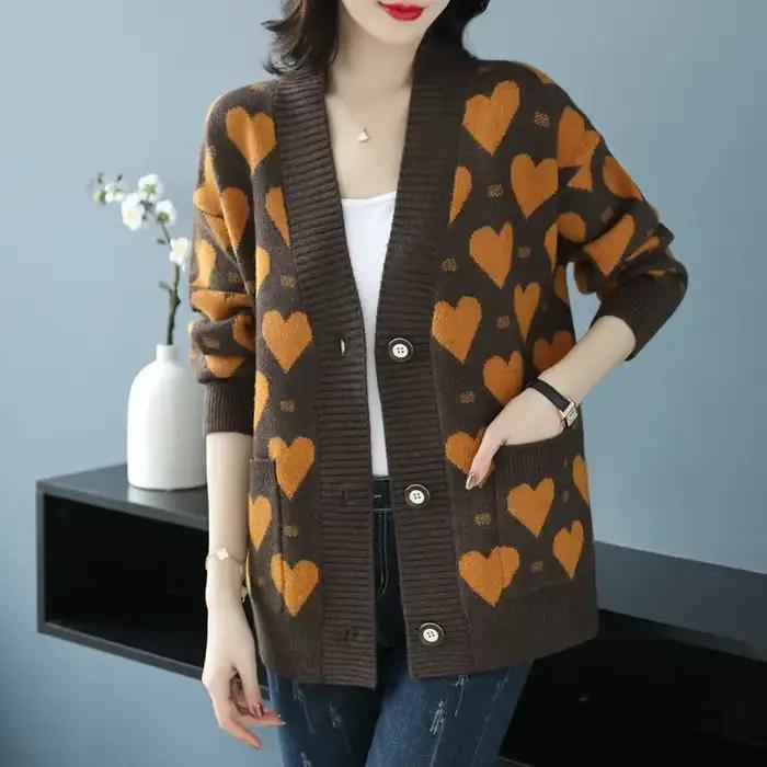 Marron hiver bouton hauts en tricot pour femme graphique Cardigan femmes pull col en v automne 2025 Y2k Vintage