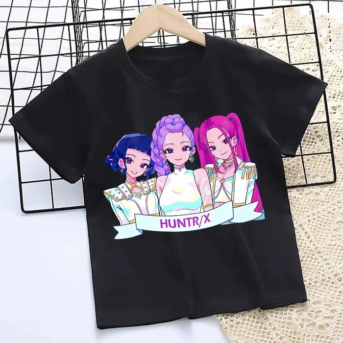 T-shirt KPOP Demon Hunters pour enfants, t-shirt noir de dessin animé pour filles, col rond, vêtements à manches courtes, vêtements d'été pour enfants, cadeau