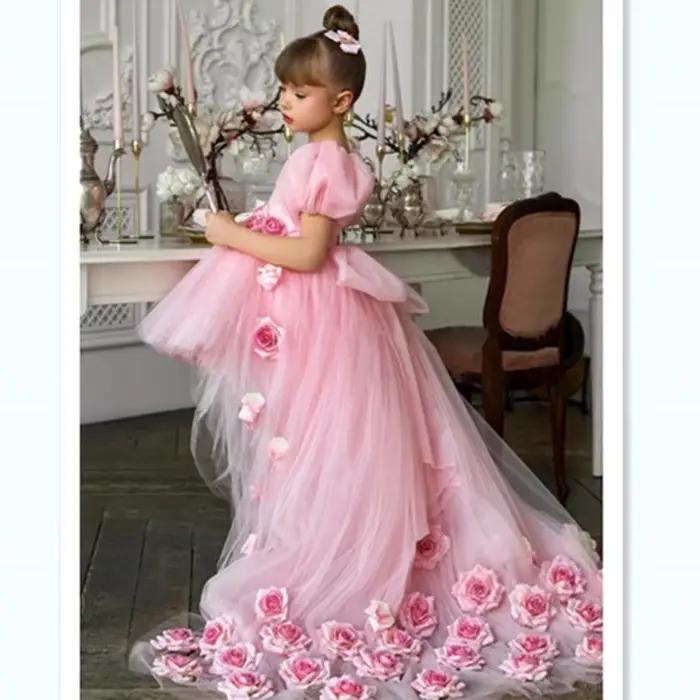 Robe de Princesse Rose pour Filles, en Tulle Volumineux avec Traîne, pour Fête d'Anniversaire, Demoiselle d'honneur, Spectacle et Cérémonie