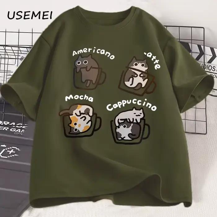 T-shirt drôle mignon café chat homme coton fin imprimeur humoristique quotidien four seasons