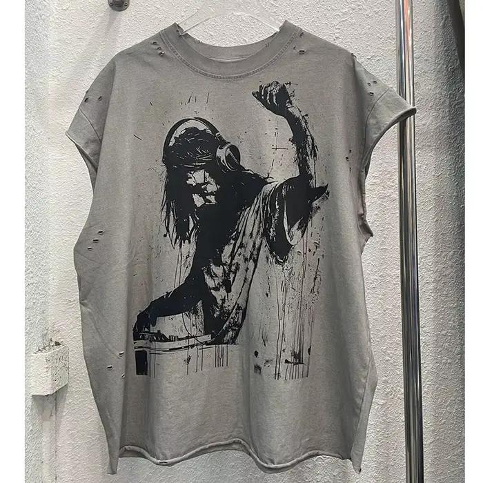 High Street sale endommagé trou dieu est un DJ débardeurs hommes femmes surdimensionné Saint manches-coupées T-Shirt